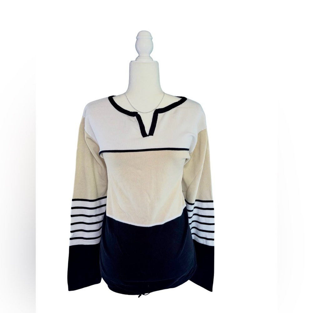 Denim&Co Plus Size 3X Black White & Cream Striped Long Sleeve Cotton Knit Top